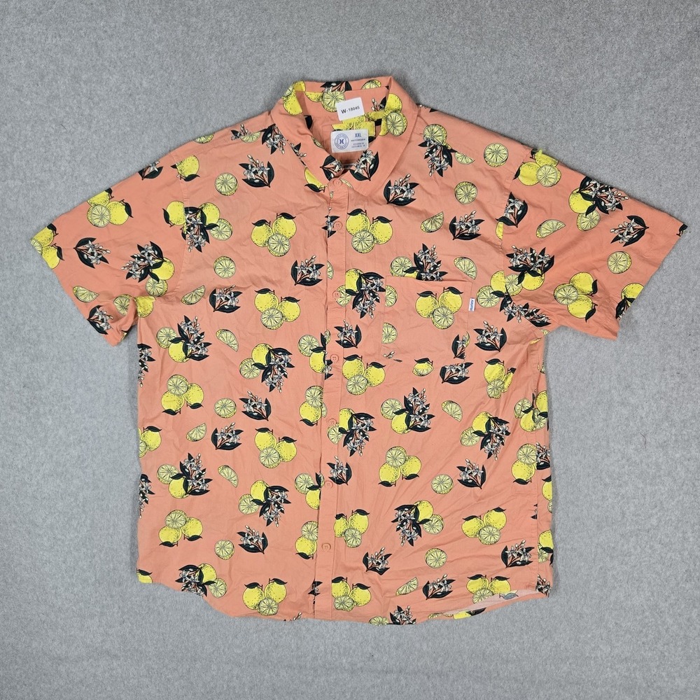 Hurley Men Button Up Shirt XXL Peach Casual Shirt Floral Lemons Hawaiian Shirt